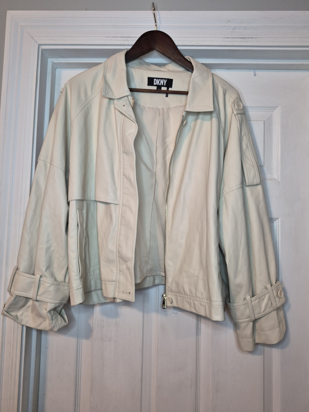 DKNY Women's Cream Faux Leather Zip-Front Jacket XL
